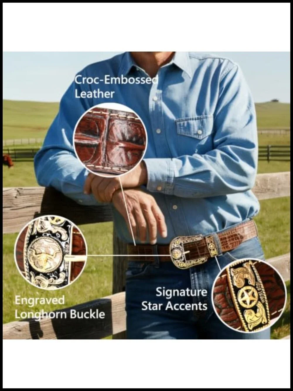 Genuine Leather Cowboy Belt Men's Western Embossed Tooled Belt Rodeo Style